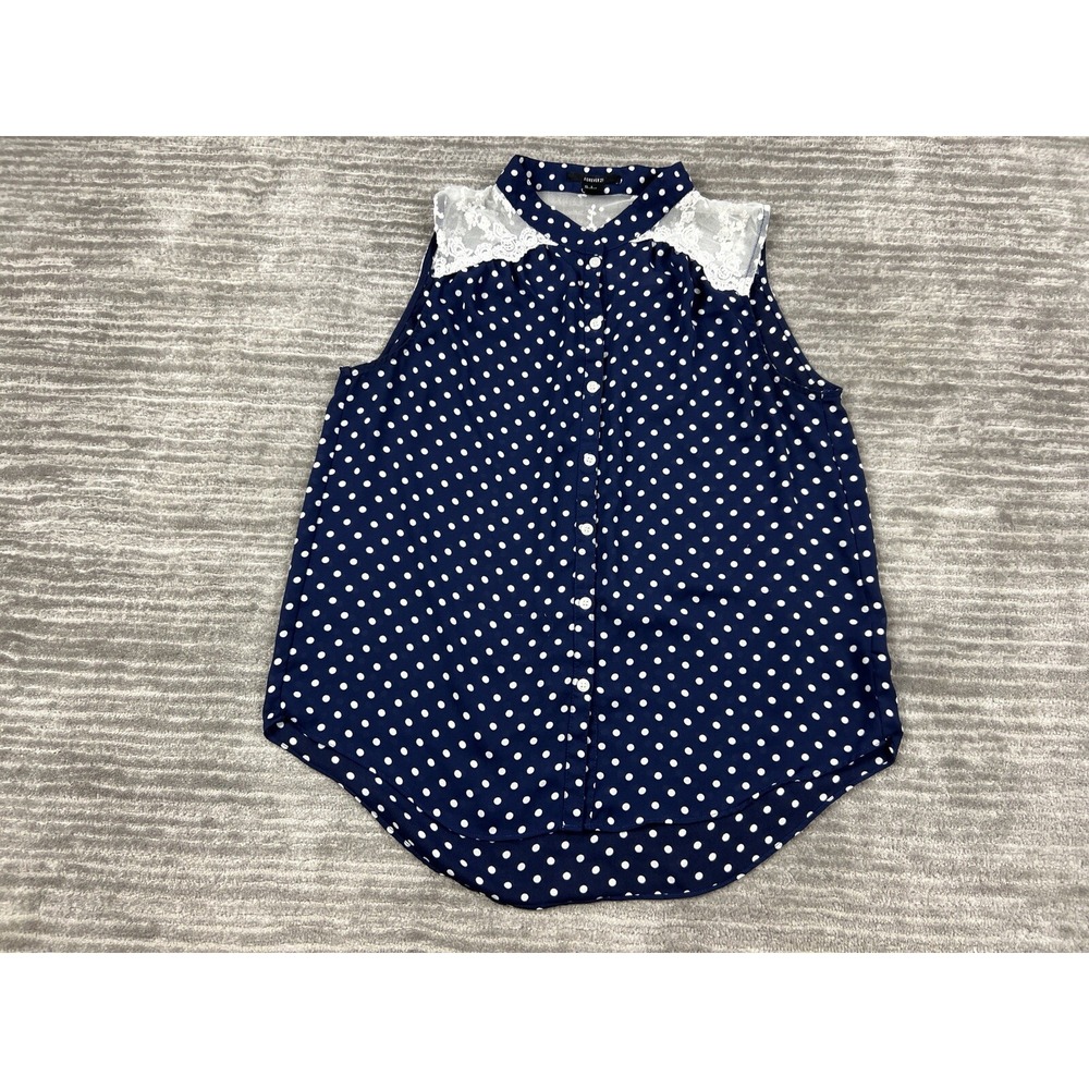 Forever 21 Blouse Womens Small Blue Polka Dot Sleeveless Lace Yoke Button Down